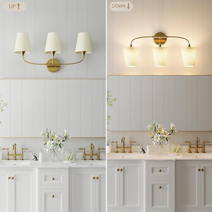 Bathroom Light Fixtures Over Mirror, 3 Light Vanity Light for Bathroom, Gold Vanity Light Fixtures with Flared Ivory White Fabric Shade, E26 Socket Modern Sconce Wall Decor(ETL Listed)