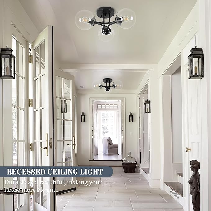 Mid Century Modern Ceiling Light Clear Globe Semi Flush Mount Ceiling Light Black Sputnik Light Fixture Chandeliers Clear Glass Matte Black Chandeliers Living Room Dining Room Bedroom 3 Lights