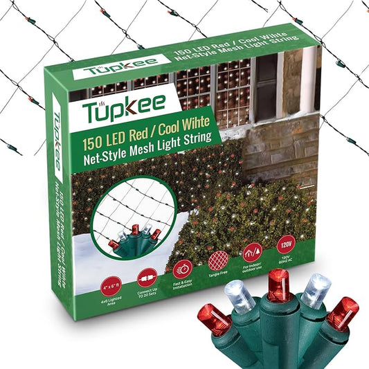Christmas Light Net – 150 LED Red & White Mesh Lights - 4 ft x 6 ft – Outdoor/Indoor – Net Lights for Bushes, Hedges or Trees