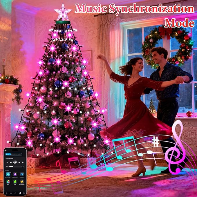 Smart Valentine's Day Lights with Star Topper, APP Control Music Sync Color Changing RGB Christmas String Lights, Cascading Twinkle Lights for Indoor Outdoor Xmas Tree Decorations