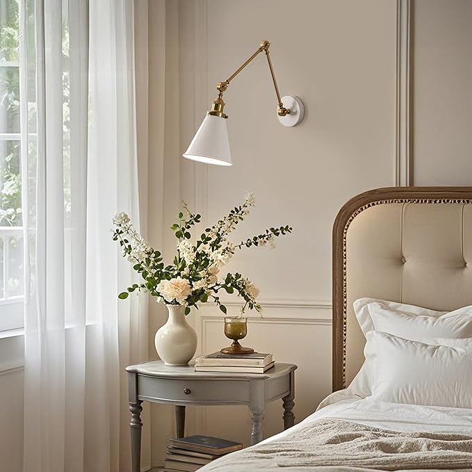 JONATHAN Y 7" White/Brass Gold Classic Industrial Metal Adjustable Arm LED Wall Sconce for Bedside Reading, Farmhouse Swing Arm Wall Lamp with Metal Shade, Hardwired (JYL7462B)