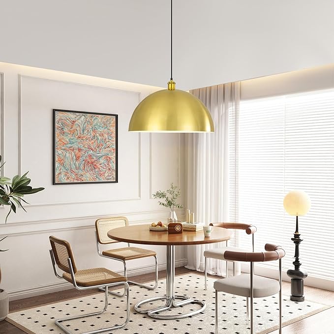 Gold Pendant Light, 20" Farmhouse Ceiling Light with Gold and White, Elegant Semi-Circular Shade Design, Adjustable Height Industrial Dome Pendant Lights for Kitchen Island, Dining Room