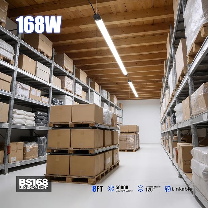 Barrina BS168 168W 8FT LED Shop Lights, 16800LM, 5000K, High Output, Linkable, LED Shop Light for Garage, Workshop, Warehouse, Hanging or Ceiling Mount with Pull Chain Switch, 4 Packs