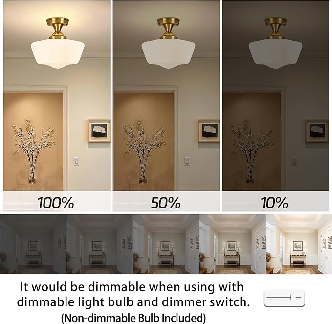 Brass Schoolhouse Light Fixture 12" Mid Century Light Fixture Milk Glass Light Fixtures School House Light Fixtures Ceiling Semi Flush Mount Ceiling Lights for Bedroom Bathroom (bulb Incl.