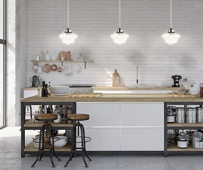 JONATHAN Y 7.25" Chrome Modern Schoolhouse LED Pendant Light Fixture, Adjustable Drop Metal Hanging Lamp with White Glass Shade for Kitchen Island, Dining Room, Foyer (JYL3516B)