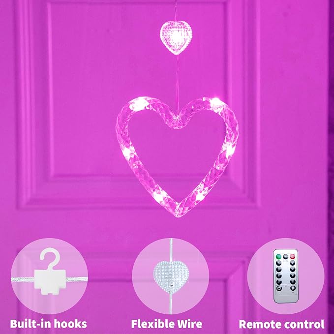 YOLIGHT Heart Curtain Lights, 9.8ft Valentine's Day Decoration, USB sLED Hearts String Lights, Light up Heart Hanging Lights for Valentines Mother's Day Room Decor (Pink)