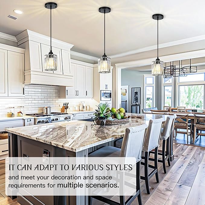 3 Pack Pendant Lights Kitchen Island, Elegant Modern Island Lights for Kitchen with Crystal Glass – Luxury Black Pendant Lights for Kitchen Island, Dining Table, Entryway, Restaurant