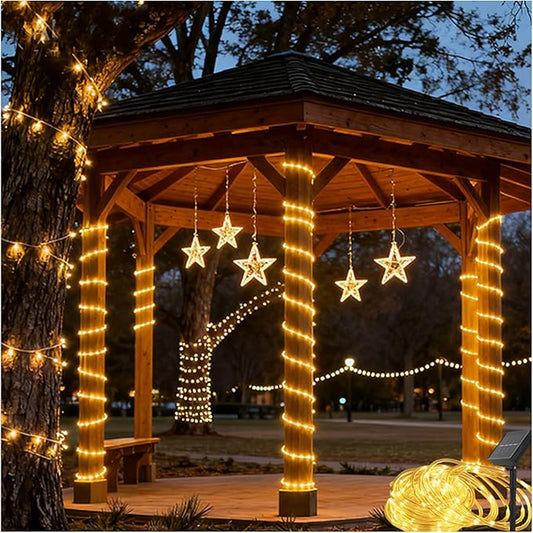 Honche Solar Rope Light 33FT 100LED IP65 Waterproof Outdoor LED Copper Fairy String Tube Lights for Party Gazebo Garden Patio Stair Balcony Fence Tree Daily Christmas Decoration (Solar-Warm White)