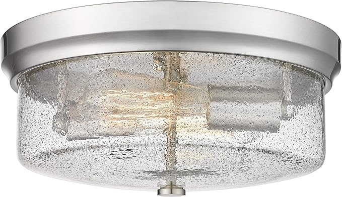 CALDION 12inch Flush Mount Ceiling Light, Close to Ceiling Light Fixtures, Brushed Nickel Finish with Handmade Seeded Smoky Art Glass Shade for Living Bedroom Room Hallway