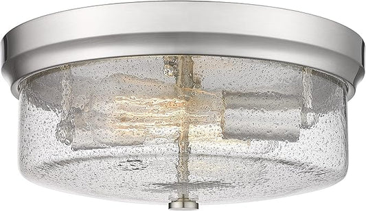 CALDION 12inch Flush Mount Ceiling Light, Close to Ceiling Light Fixtures, Brushed Nickel Finish with Handmade Seeded Smoky Art Glass Shade for Living Bedroom Room Hallway