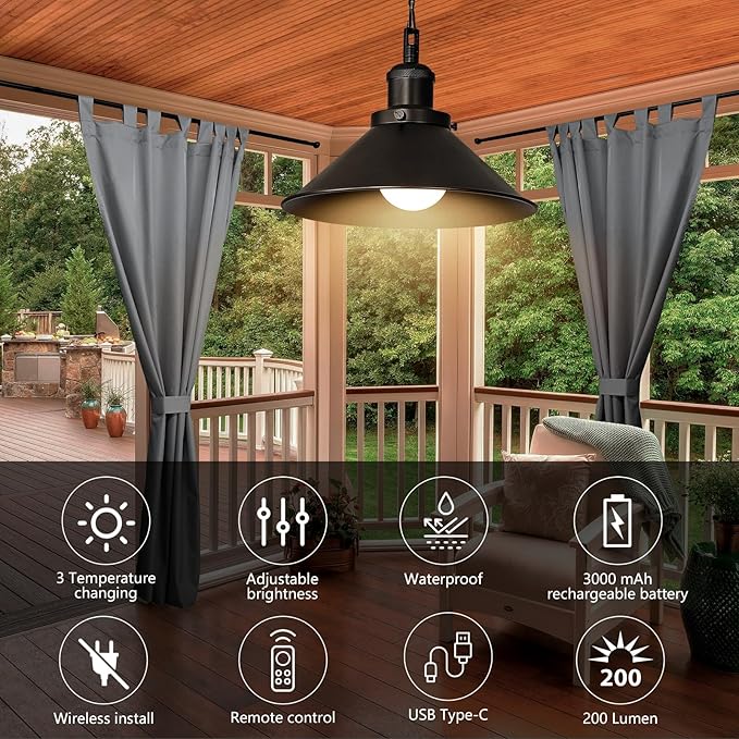 Bailoch 1 Pack Black Portable Battery Operated Hanging Light, Rechargeable Wireless Outdoor Pendant Light with Remote, Battery Powered Chandelier Lantern Fixture for Indoor Outdoor Gazebo Porch Patio