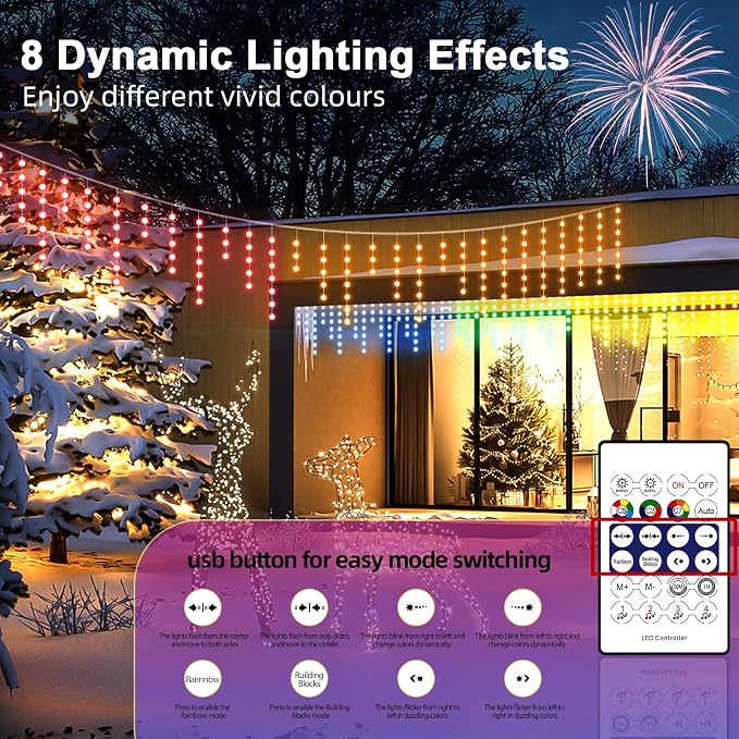 AHAWILL Icicle Lights for Outside,66ft Christmas Lights Outdoor with Dimmable 510LED,IP65 Waterproof,USB Plug in Curtain String Lights with DIY Scene Modes for Party,Roof,Halloween Decor(Multicolor)