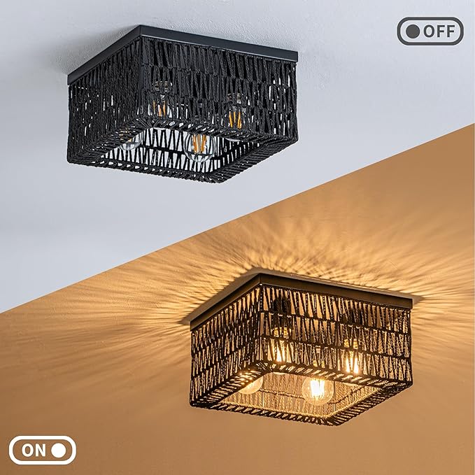 Black Rattan Ceiling Light, 4-Light Boho Light Fixture, Square Flush Mount Ceiling Light for Bedroom, Hallway, Entryway, Kitchen, Living Room