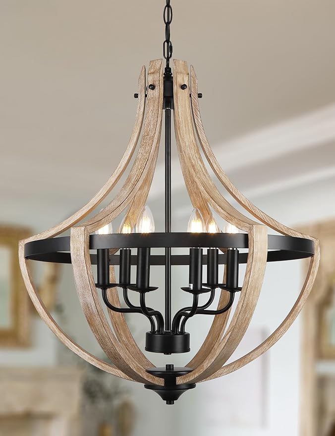 6-Light Large Rustic Farmhouse Dining Room Chandeliers, Adjustable Height Entryway Light Fixture, Hanging Wood Chandelier for Kitchen Island Foyer Stairwell Office