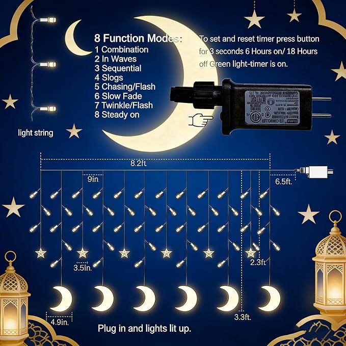Dazzle Bright Ramadan Curtain String Lights, 138 LED 8.2 FT Warm White Star Moon Window Lights with Timer and 8 Lighting Modes, Waterproof Ramadan Decorations for Bedroom Wall Wedding Outdoor Party