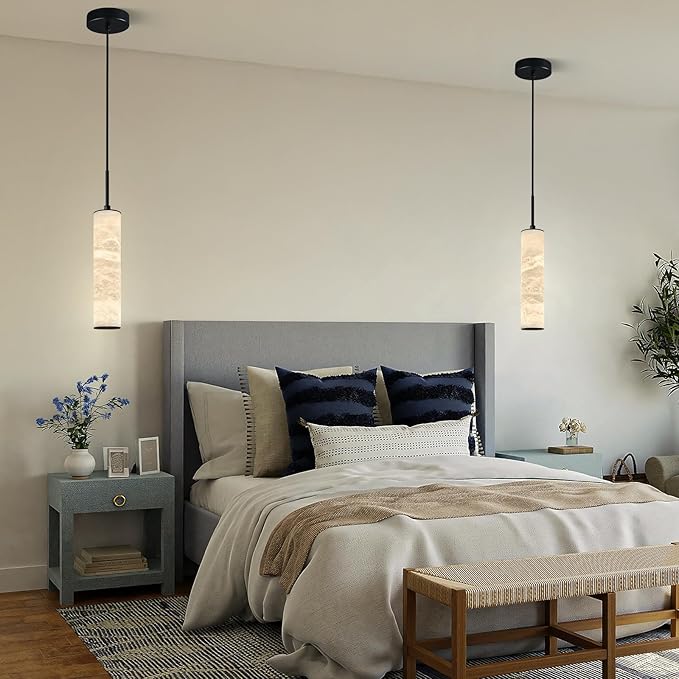 LMQNINE Natural Alabaster Pendant Lights for Kitchen Island White Marble Long Tube Chandelier 4000K Modern Black Ceiling Light Fixtures for Bedroom Dining Room Table Living Room Hallway(S-1Pack)
