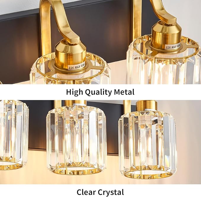Modern Bathroom Vanity Light 6-Lights Black Gold Crystal Wall Light Fixture with Round Shade Over Mirror (Exclude Bulb)
