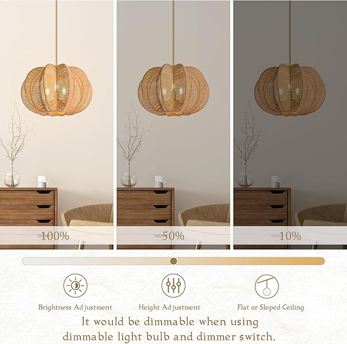 17.7 Inch Rattan Pendant Light Hemp Rope Rattan Light Fixture Woven Pendant Wicker Chandelier 3-Light Boho Chandelier for Bedroom