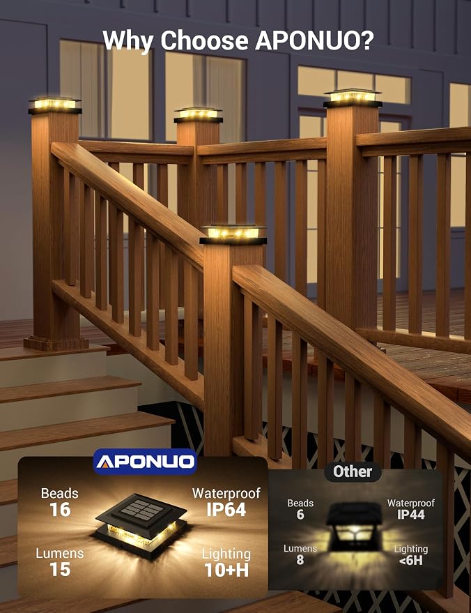 APONUO Solar Post Cap Lights for 4x4 Fence Posts, IP64 Waterproof Outdoor LED Deck Lights with 2 Modes (Warm White & Cool White), Auto On/Off Dusk to Dawn, Easy Install, Black, 12 Pack