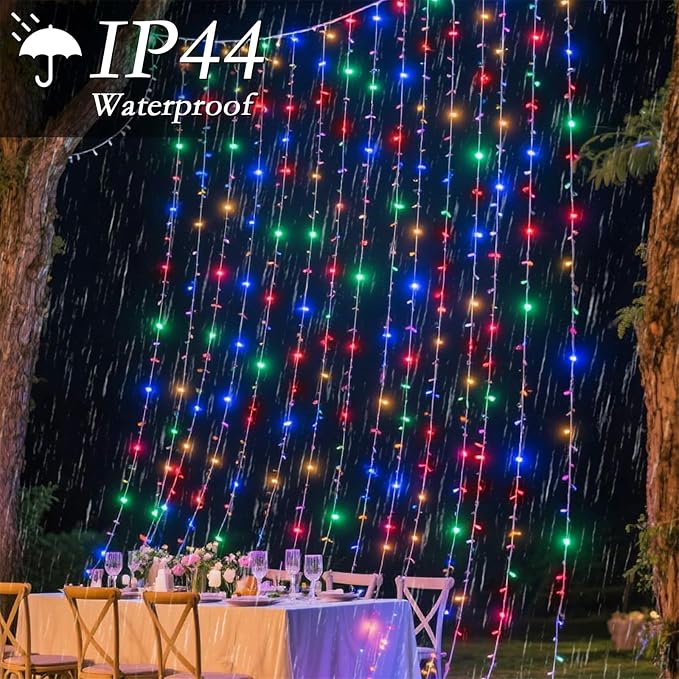 200 LED Multicolor Rainbow Curtain String Lights 9.8x6.6FT, Plug in Fairy Lights with 9 Hooks, Dimmable, Timer 8 Modes, IP44 Waterproof, Bedroom Party Wedding Christmas Indoor Outdoor Decor