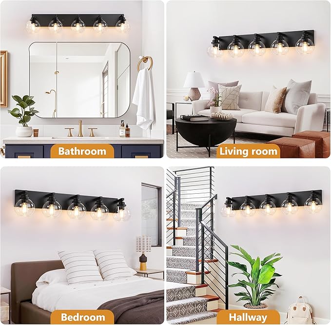 LmnLvn Bathroom Light Fixtures, 5-Light Matte Black Vanity Lights, Modern Bathroom Lighting Fixtures Over Mirror, Farmhouse Vanity Lights with Glass Shade for Living Room, Bedroom, Hallway