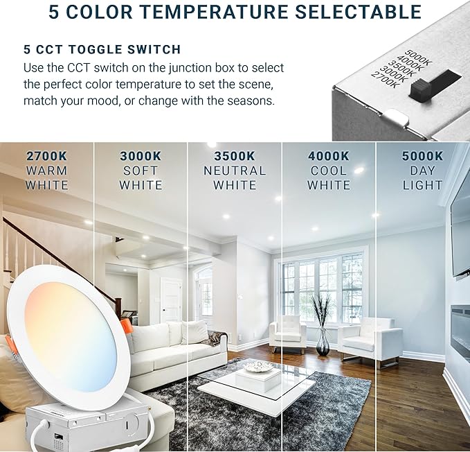 PARMIDA (12 Pack) 6 Inch Dimmable 5CCT Ultra-Thin LED Recessed Ceiling Light with Junction Box, 5 Color Selectable 2700K/3000K/3500K/4000K/5000K, 12W, Canless Wafer Slim Panel Downlight, IC Rated, ETL