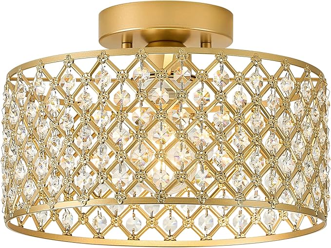 Gold Crystal Ceiling Light Fixture,Modern Semi Flush Mount Ceiling Lighting Fixture,Round Small Chandelier for Dining Room, Hallway, Entryway, Kitchen, Bedroom,Foyer,1 Light,11.2 inch