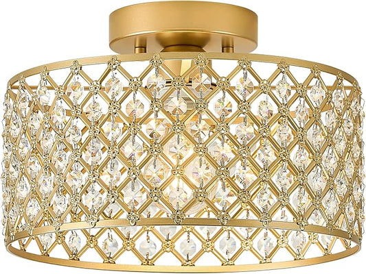 Gold Crystal Ceiling Light Fixture,Modern Semi Flush Mount Ceiling Lighting Fixture,Round Small Chandelier for Dining Room, Hallway, Entryway, Kitchen, Bedroom,Foyer,1 Light,11.2 inch