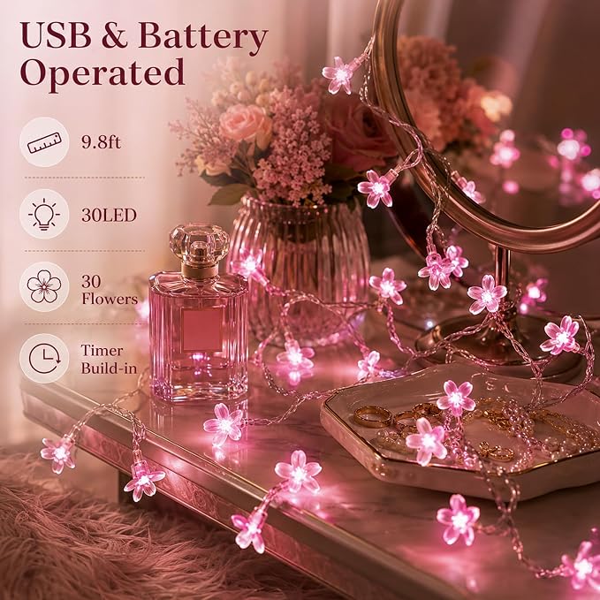 Pink Cherry Blossom Fairy Flower Lights, USB/Battery Operated Floral Lamp | Decorative Flower String Lights For Bedroom,Christmas, Easter, Wedding, Party, Birthday, Valentine'S Day Indoor Outdoor Decor