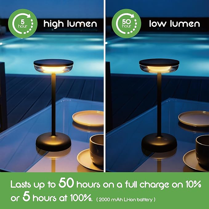 Cocktail Style Solar Table Lamp – Cordless LED Light with USB-C Charging, Dimmable Warm 2700K Glow, Weather Resistant for Indoor/Outdoor Use – Black, 1 Pack