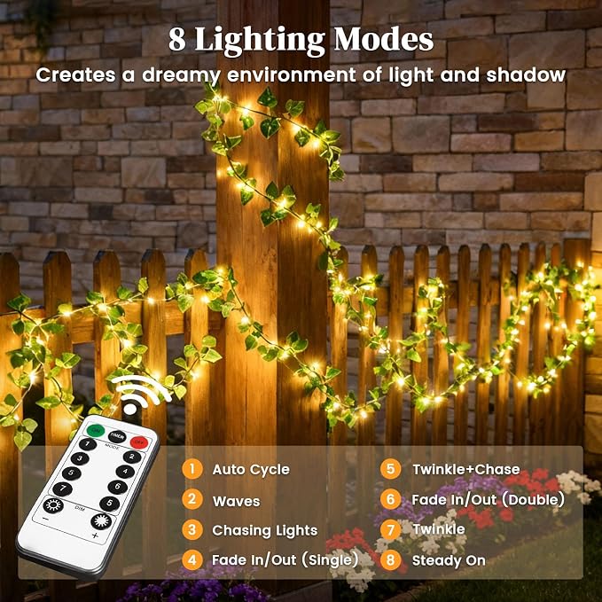 DomeStar 40Ft 120 LED Pothos Vines String Lights with Remote, Fairy Lights with Artificial Greenery Vines for Bedroom, Dorm, Wall, Wedding, Party, Indoor Outdoor Holiday Home Decor