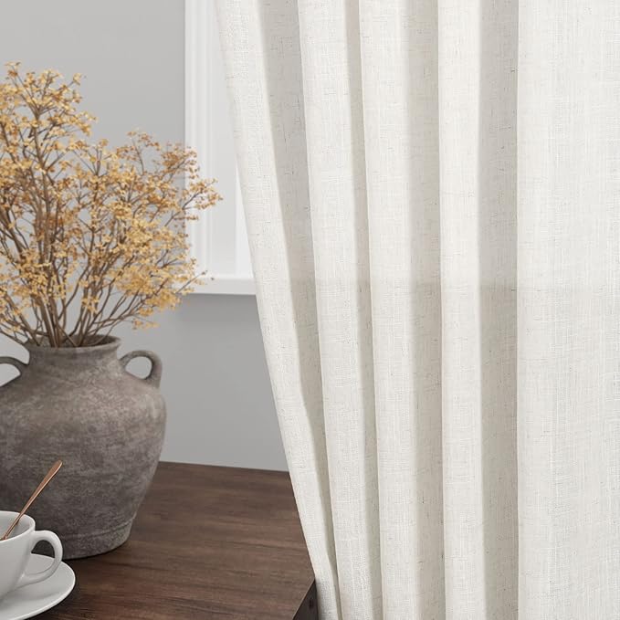 Linen Cream Curtains 113 Inch Extra Long for Living Room Back Tab Light Filtering Semi Sheer Drapes Modern Farmhouse Coastal Decor Cotton Textured Curtain for Floor to Ceiling Window 52x113