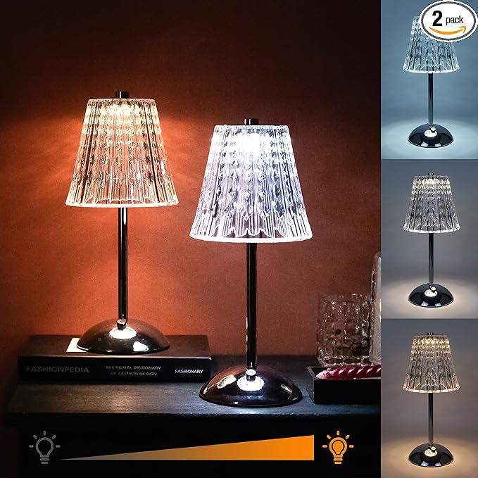 Cordless Table Lamp, 4000mAh Rechargeable Battery Operated Lamp, 3 Color Modes & Stepless Dimmable LED Touch Lamp, Portable Crystal Metal Beside Lamps for Bedroom Restaurant(Silver 2 Pack)