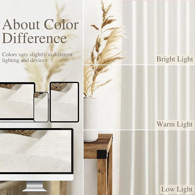 Cream Linen Curtains 61 Inch Length for Living Room 2 Panels Set Neutral Modern Farmhouse Window Curtain Semi Sheer Light Filtering Privacy Back Tab Rod Pocket Drapes for Bedroom Natural Ivory 52x61