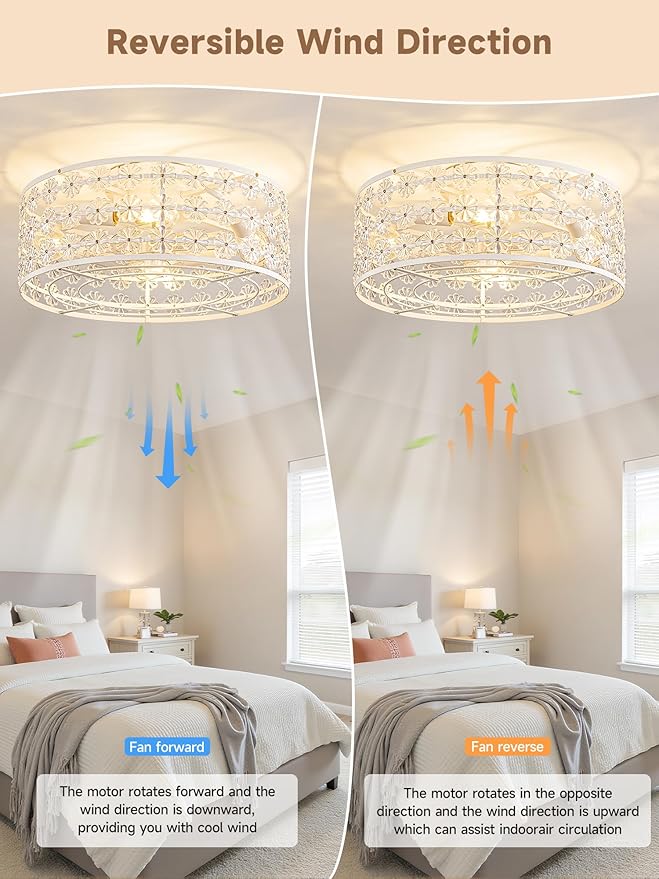 White Caged Ceiling Fan with Light and Remote, Modern Romantic Flower Crystal Ceiling Fans with Lights, Flush Mount Low Profile Fandelier, 6-Speed Reversible for Bedroom,Dining Room,Girls Room,Nursery