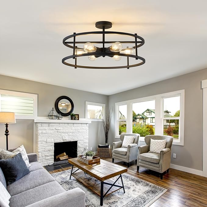 hesoge Large Semi Flush Mount Ceiling Light Fixture Black Cage Ceiling Light 6 Light Chandelier for Kitchen Dining Room Entryway Living Room Bedroom Foyer