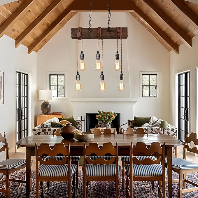 KEESFU 6-Lights Dining Farmhouse Chandelier, Farmhouse Wooden Ceiling Pendant Light, Height Adjustable, Rustic Chandelier for Kitchen Island Dining Room Bar Pool Table Cabin.