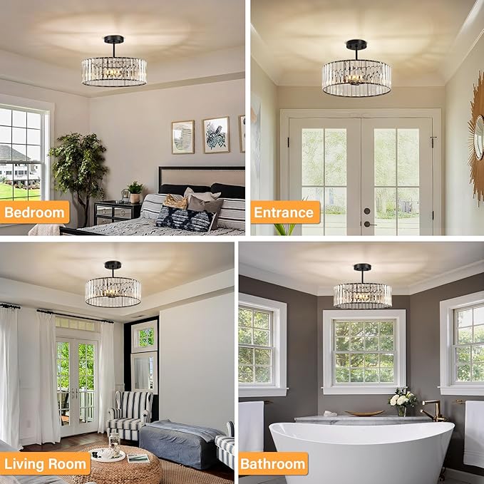 Black Crystal Ceiling Light Fixture, Modern Semi Flush Chandelier, Round Hanging Lighting Chandeliers for Dining Room, Kitchen, Bedroom, 3-Light, 15.74 Inch