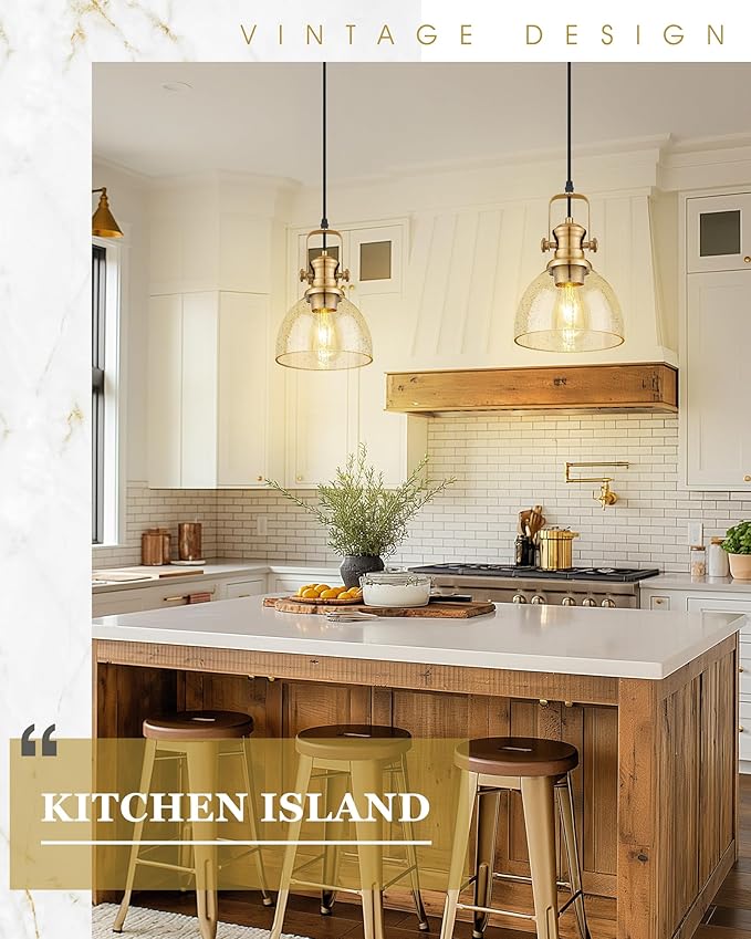 Pendant Lights Kitchen Island, 7.5" Farmhouse Pendant Lighting with Amber Seeded Glass Shade, Vintage Hanging Light Fixtures for Dining Room, Brushed Gold, AD-22151-1P-GD-OR