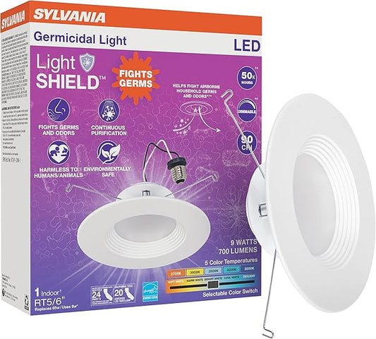 Sylvania 5"/6" Recessed Downlight Kit with LightSHIELD Technology, Germicidal LED, 9W = 65W, 700 Lumens, 5 CCT Color Select (2700K / 3000K / 3500K / 4000K / 5000K), Dimmable, White (75748) (Pack of 1)