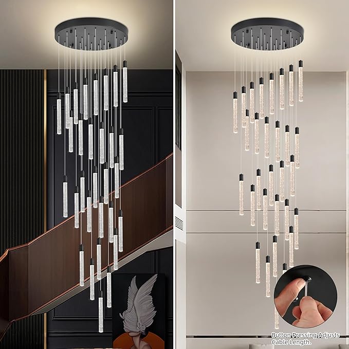 30-Light Black High Ceiling Chandeliers Modern Crystal Chandeliers for Entryway Long Spiral LED Dimmable Chandelier Flush Mount Ceiling Staircase Foyer Living Room Ceilings Light Fixture
