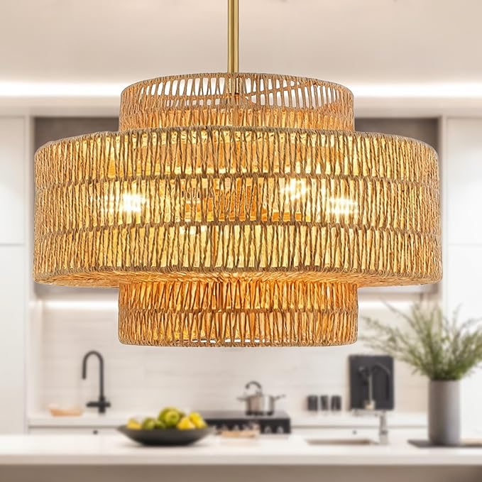 4 Light Pendant Lighting, Farmhouse Hanging Light Fixture for Kitchen Island & Dining Room, Industrial Vintage Ceiling Lamp with E26 Base, Adjustable Height, 20” Large Boho Rattan Chandelier