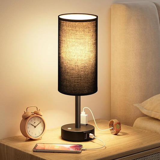 Touch Bedside Table Lamp with Memory - Stepless Dimmable Lamp for Bedroom, Small Nightstand Lamp with Dual USB Charging Ports and AC Outlet, Wood Night Light, Deak Lamp for Nursery, (Black & Black)
