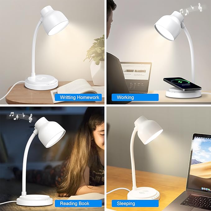 LED Desk Lamp for Office Home,Table lamp with Speaker,Desk Lamp for College Dorm Room,4 Brightness,Dimmable Table Lamp Eye Caring Reading Light(White)