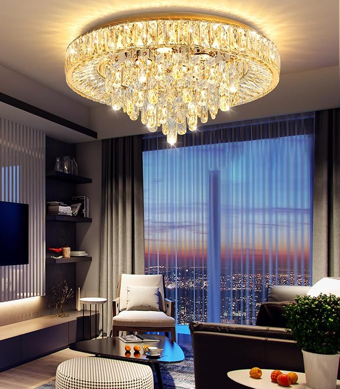 23.6" Modern Crystal Chandeliers LED Dimmable Flush Mount Ceiling Chandeliers for Living Room Entrance Foyer Bedroom Gold
