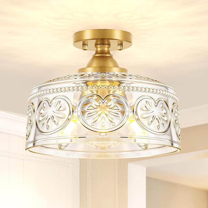 Vintage Gold Semi Flush Mount Ceiling Light Fixture, 3-Light Hallway Light Fixture with Thickened Glass, Close to Ceiling Light for Kitchen, Entryway, Foyer, E12