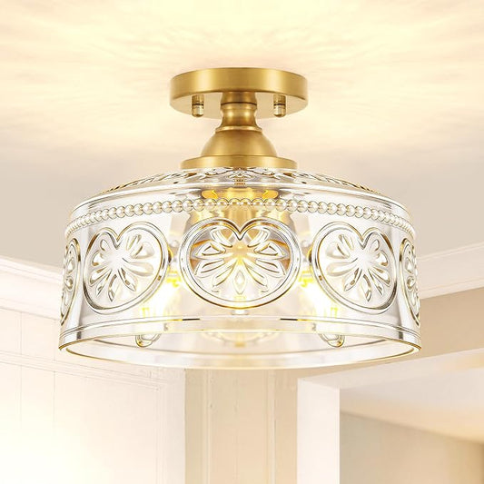 Vintage Gold Semi Flush Mount Ceiling Light Fixture, 3-Light Hallway Light Fixture with Thickened Glass, Close to Ceiling Light for Kitchen, Entryway, Foyer, E12