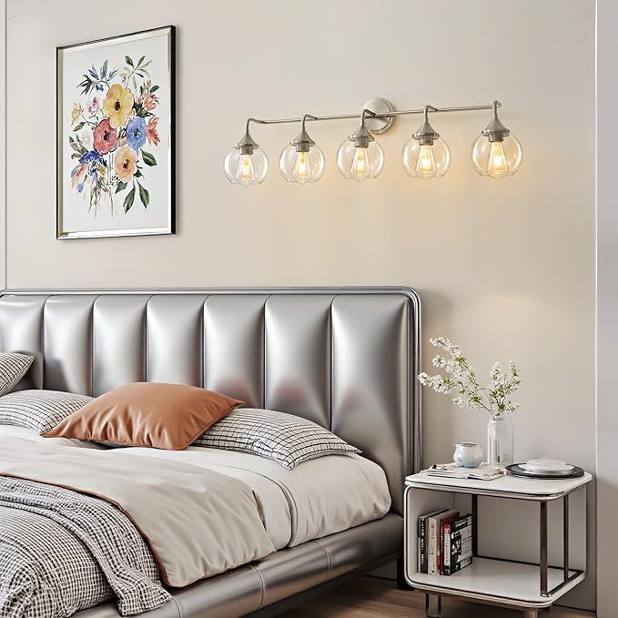 Bathroom Vanity Lights with Clear Glass Shade, E26 Base, Vanity Lighting Fixtures Over Mirror, 39 Inch Vanity Lights for Bathroom (Exclude E26 Bulb) (Brushed Nickel, 5-Lights)
