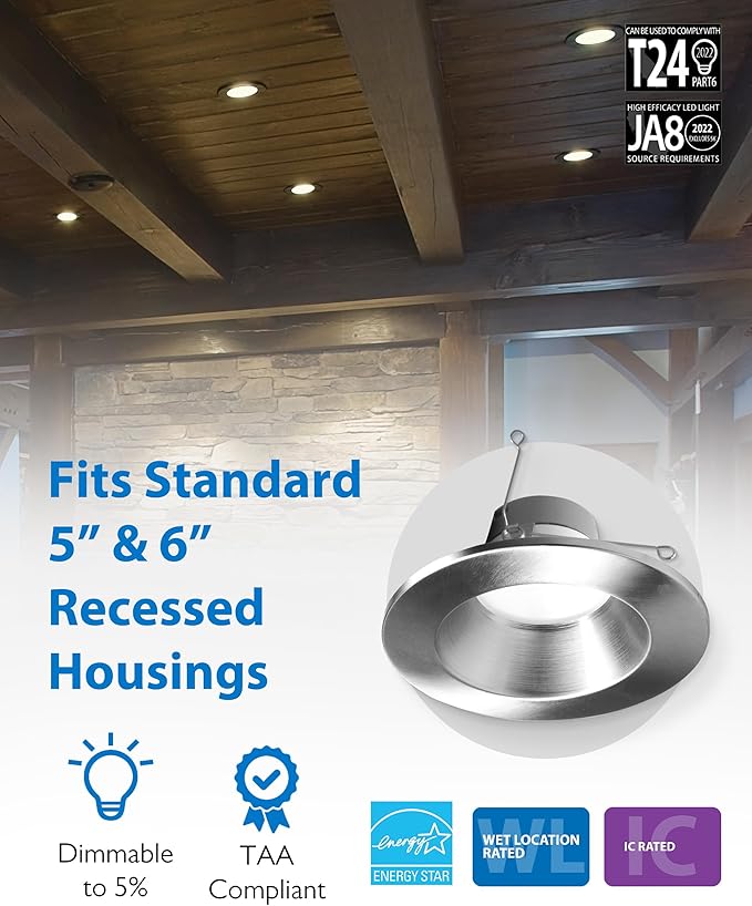 Recessed Ceiling Lights LED Downlight - 5/6 inch LED Recessed Light Fixtures - Selectable CCT 2700K-5000K, 918 Lumens, 10.3W - DLR56 Retrofit Ceiling Light, Nickel, 1-Pk by NICOR Lighting