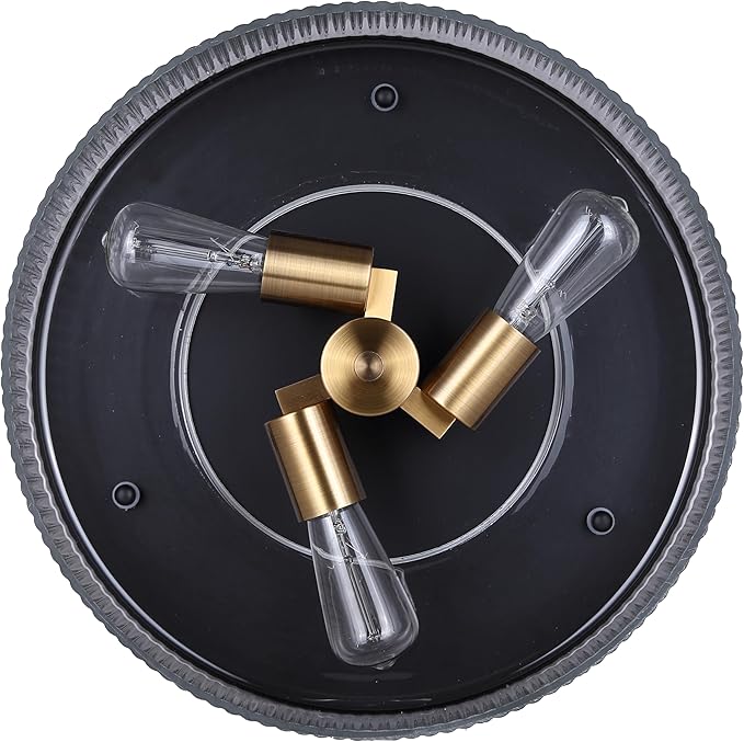 Canarm Jenner 3-Light Semi-Flush Mount Ceiling Light, 15-Inch Matte Black and Gold Finish with Ribbed Glass, Contemporary Lighting for Living Room, Bedroom or Dining Room